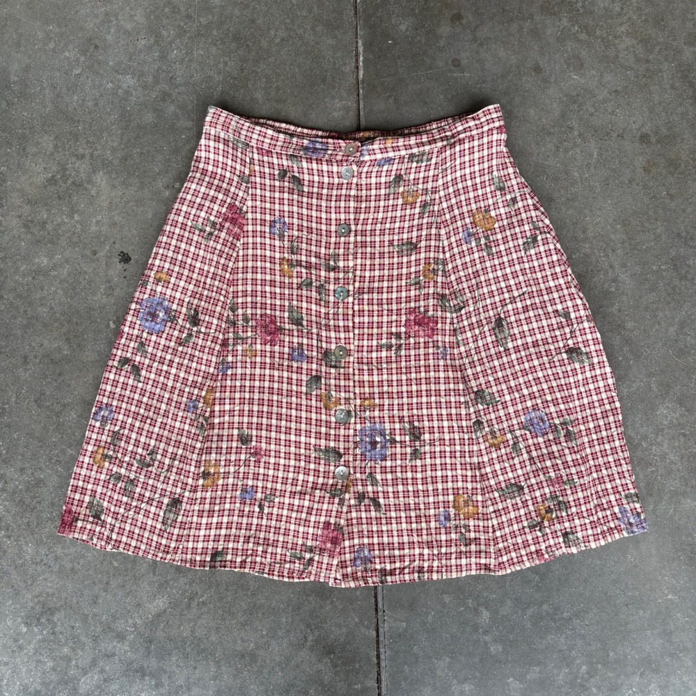 Vintage Clio Skirt Womens Large Red Gingham Plaid Fall Harvest Floral Cottage